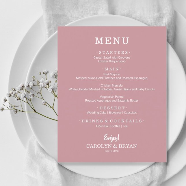 Budget Simple Elegant Dusty Rose Wedding Menu (Creator Uploaded)