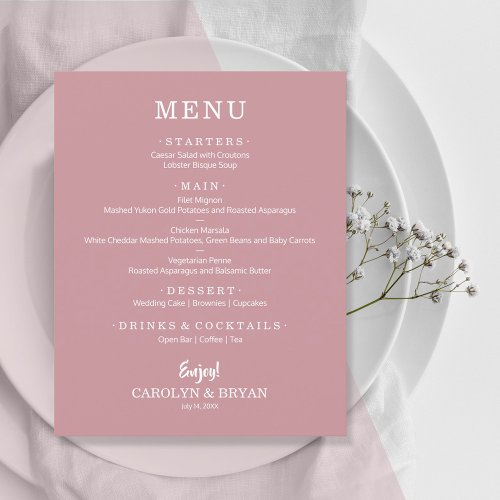 Budget Simple Elegant Dusty Rose Wedding Menu Flyer