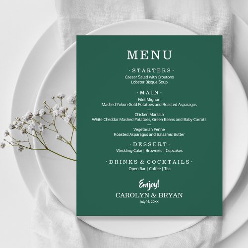 Budget Simple Elegant Emerald Green Wedding Menu