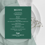 Budget Simple Elegant Emerald Green Wedding Menu Flyer<br><div class="desc">An emerald green dinner menu features your food choices in chic white lettering. Perfect for a modern wedding reception, wedding rehearsal dinner, anniversary party or any special event with a sit down dinner. An excellent value, printed on thinner 80lb weight uncoated matte white paper measuring 4.5" x 5.6", but you...</div>