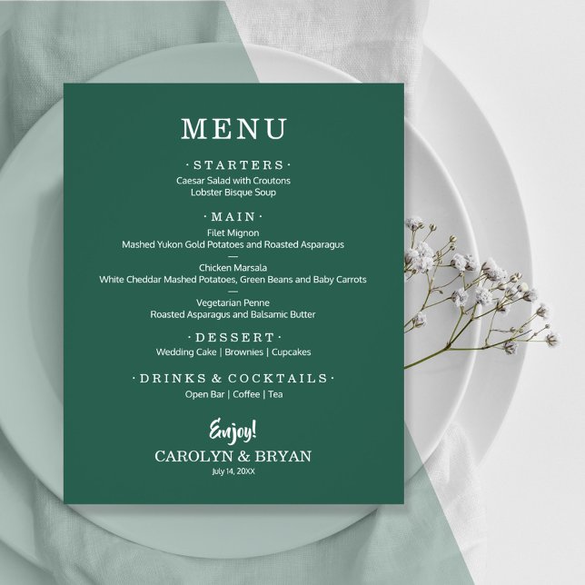 Budget Simple Elegant Emerald Green Wedding Menu Flyer (Creator Uploaded)