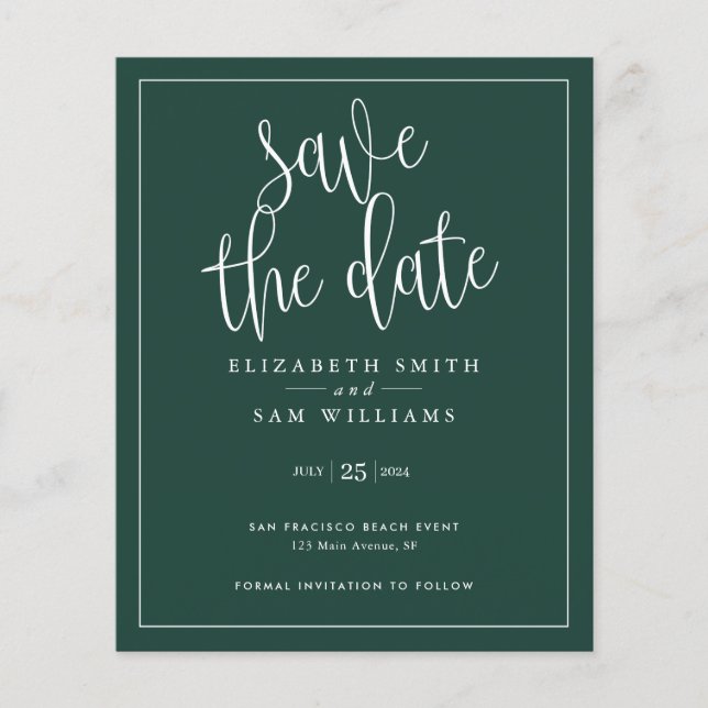 Budget Simple Elegant Emerald Save the Date Invite Flyer (Front)