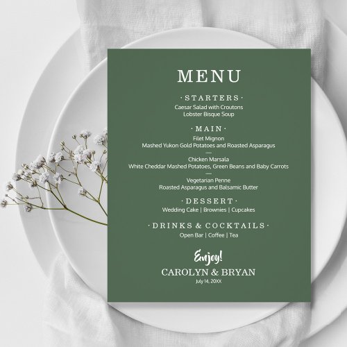 Budget Simple Elegant Evergreen Wedding Menu