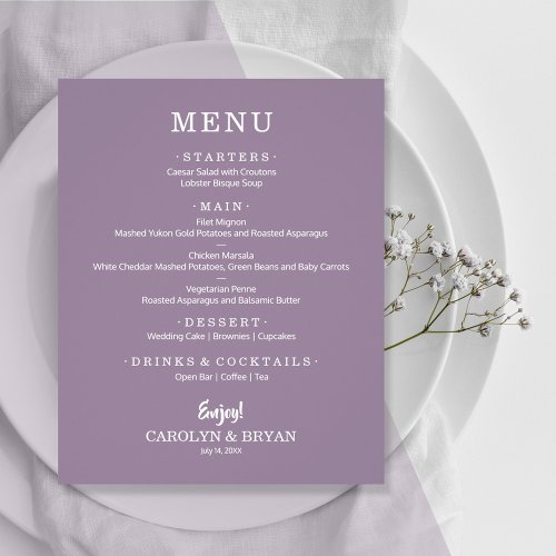 Budget Simple Elegant Lavender Wedding Menu Flyer