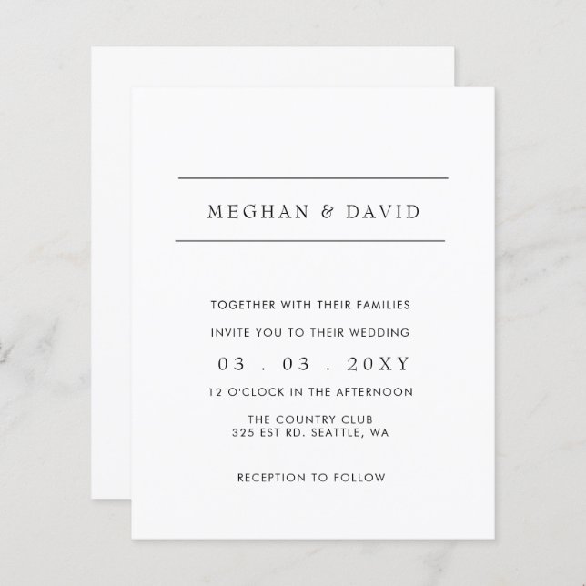 Budget Simple Elegant Modern Wedding  Invitation (Front/Back)