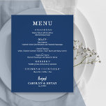 Budget Simple Elegant Navy Blue Wedding Menu Flyer<br><div class="desc">An affordable value paper of 80 lb. weight, these small navy blue dinner menu cards feature your food choices in chic white lettering. Perfect for a modern wedding reception, wedding rehearsal dinner, anniversary party, or any special event with a sit-down dinner. *Measures 4.5" x 5.6" (or choose from 2 other...</div>
