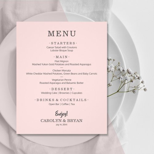 Budget Simple Elegant Pink Wedding Menu Flyer