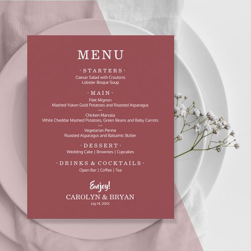 Budget Simple Elegant Terra Rose Wedding Menu Flyer