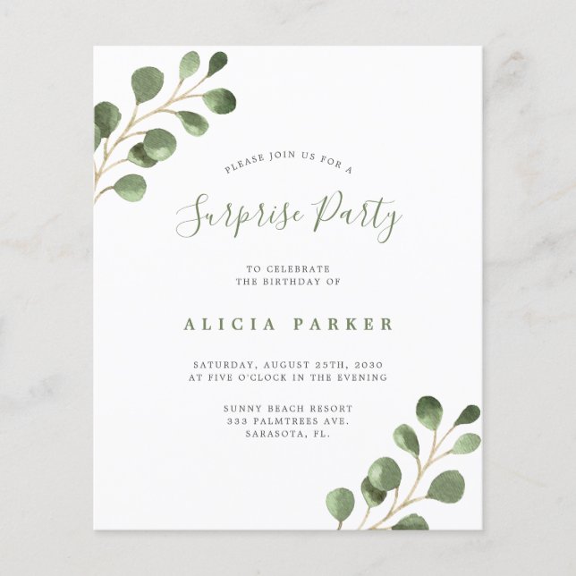 Budget simple eucalyptus birthday party invitation flyer (Front)