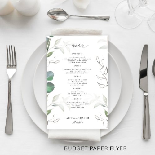 Budget simple eucalyptus greenery wedding menu flyer