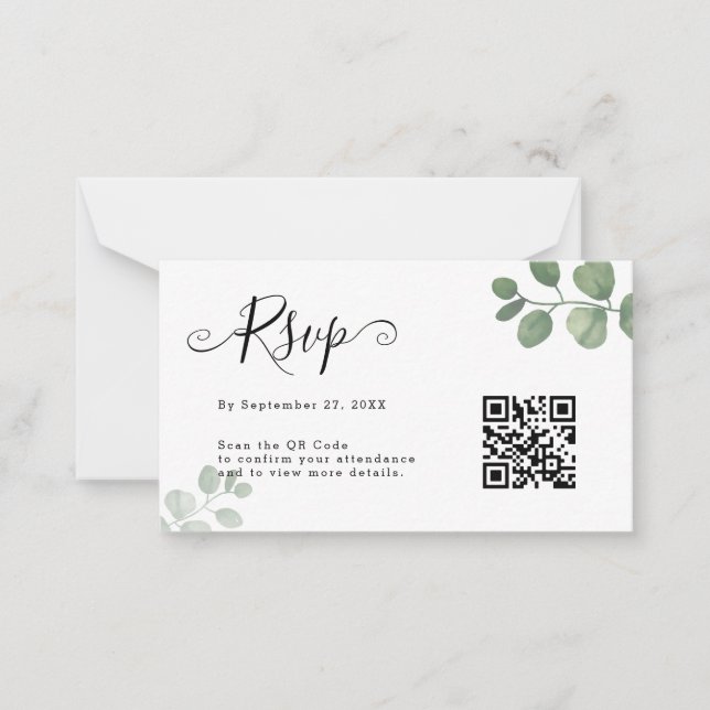 BUDGET Simple Eucalyptus QR Code RSVP Wedding Note Card (Front)