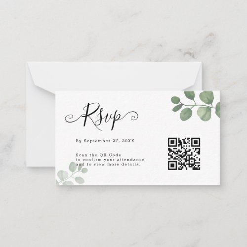 BUDGET Simple Eucalyptus QR Code RSVP Wedding Note Card