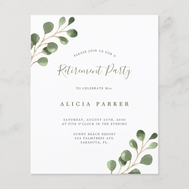 Budget simple eucalyptus retirement party (Front)