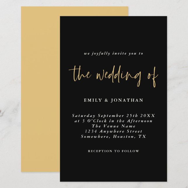 Budget Simple Gold Black Wedding Invitation (Front/Back)