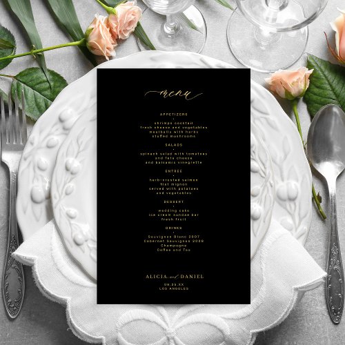 Budget simple gold script black wedding menu