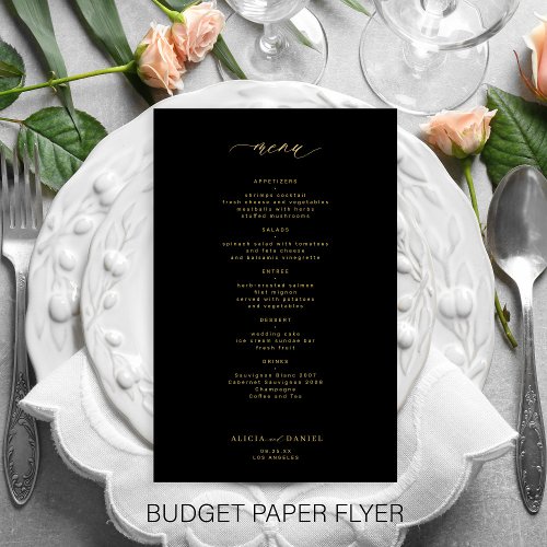 Budget simple gold script black wedding menu flyer