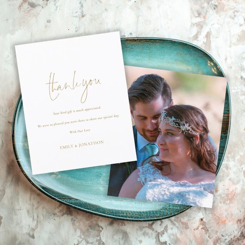 Budget Simple Gold Script Photo Wedding Thank You