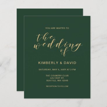 Budget Simple Green and Gold  Wedding Invitation