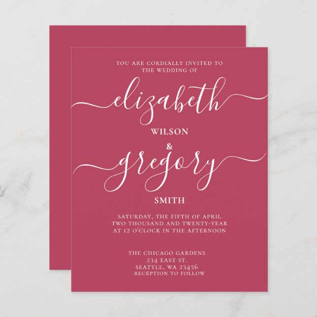 Budget Simple Magenta Modern Wedding Invitation (Front/Back)