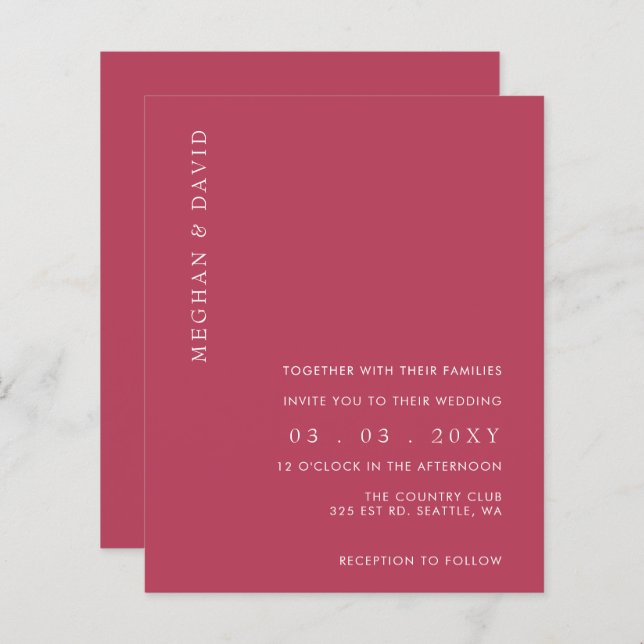 Budget Simple Magenta Modern Wedding Invitation (Front/Back)