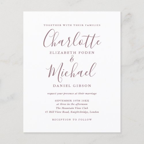 Budget Simple Mauve Script Wedding Invitation