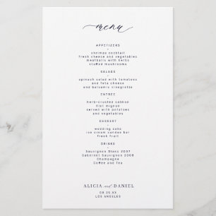 Budget simple midnight navy white wedding menu flyer