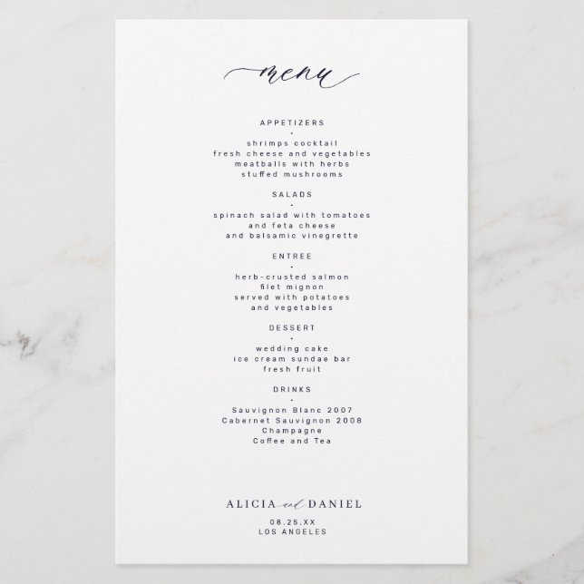 Budget simple midnight navy white wedding menu flyer (Front)
