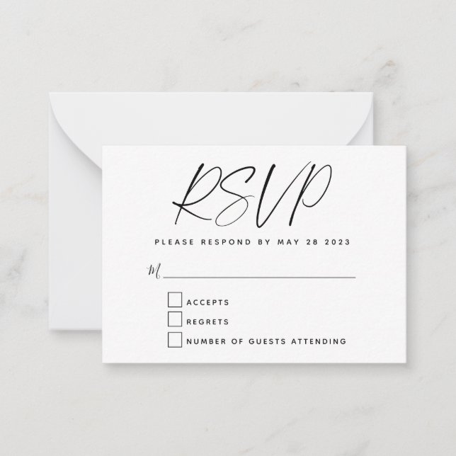 Budget Simple Minimal Black White Script RSVP Card (Front)