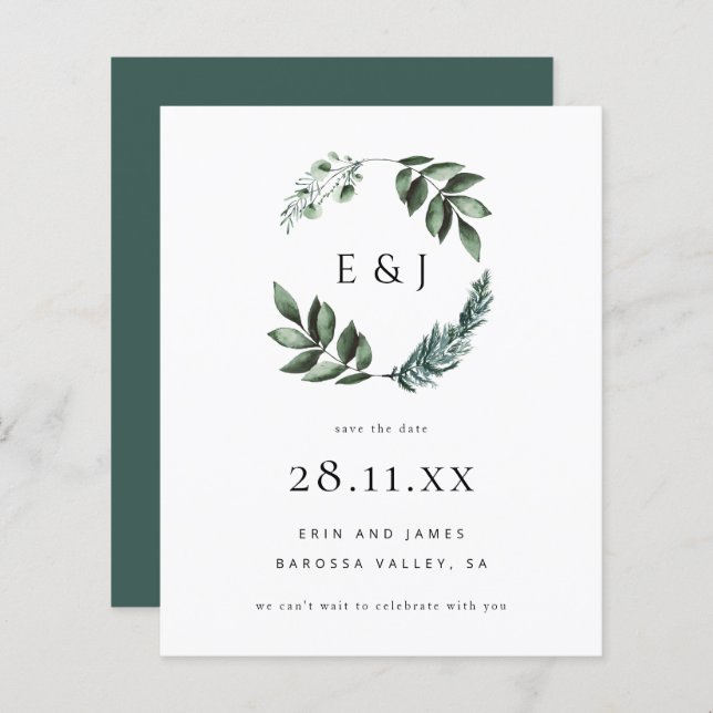 Budget Simple Minimal Greenery Wreath Save Date (Front/Back)