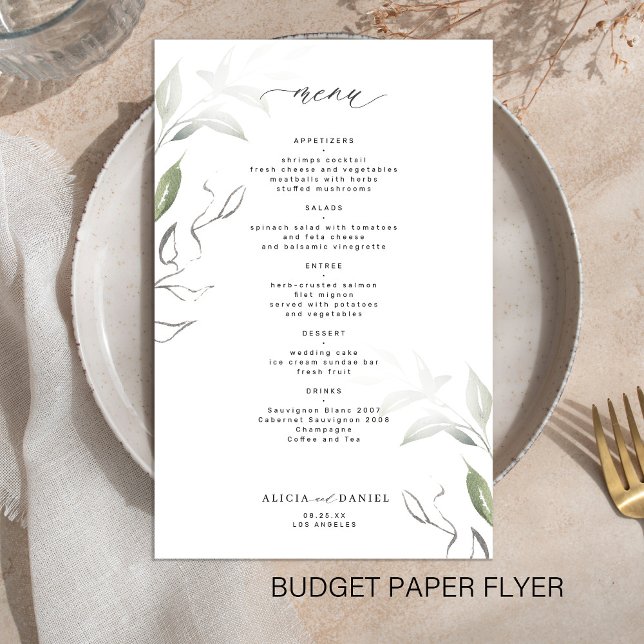 Budget simple minimalist greenery wedding menu flyer (Creator Uploaded)