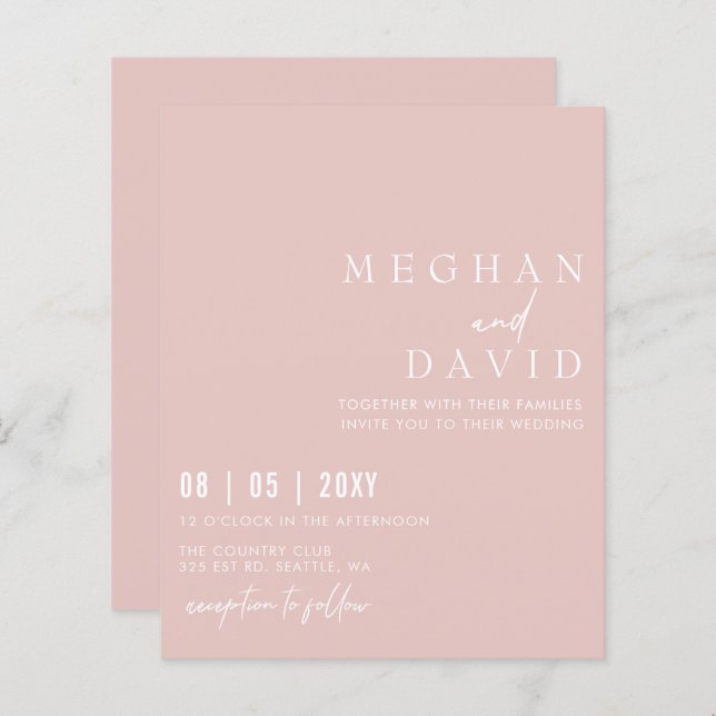 Budget Simple Modern Blush Wedding Invitation (Front/Back)