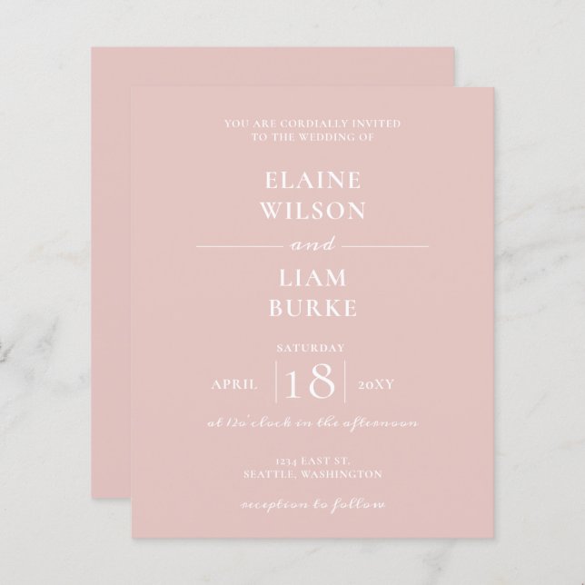 Budget Simple Modern Blush Wedding Invitation (Front/Back)