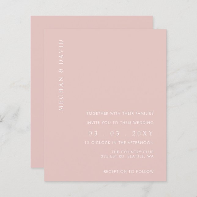 Budget Simple Modern Blush Wedding  Invitation (Front/Back)