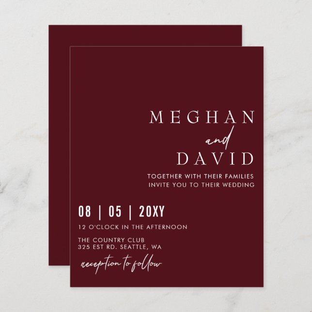 Budget Simple Modern Burgundy Wedding Invitation (Front/Back)
