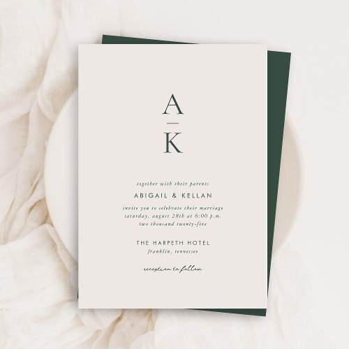 Budget Simple Modern Cream Green Monogram Wedding Invitation