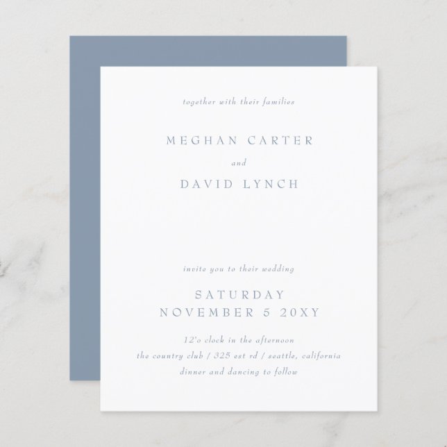 Budget Simple Modern Dusty Blue Wedding Invitation (Front/Back)