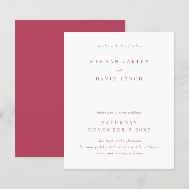 Budget Simple Modern Magenta Wedding Invitation (Front/Back)