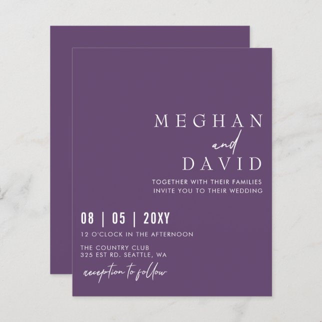 Budget Simple Modern Purple Wedding Invitation (Front/Back)