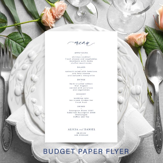 Budget simple navy and white wedding menu flyer (Creator Uploaded)