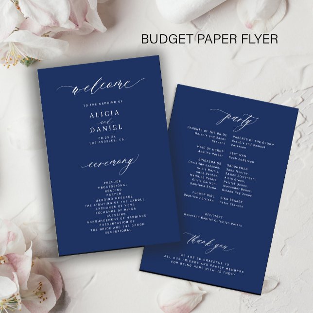 Budget simple navy blue white wedding program flyer (Creator Uploaded)