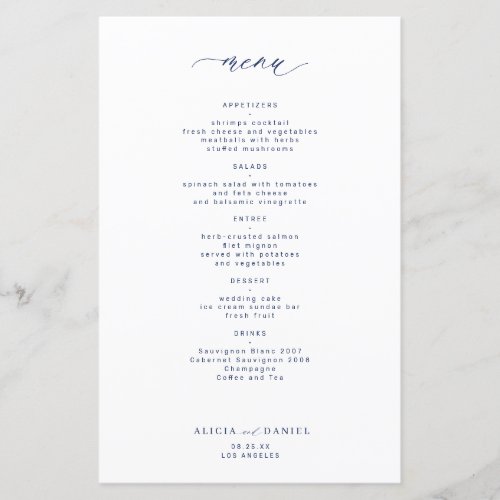 Budget simple navy typography wedding menu