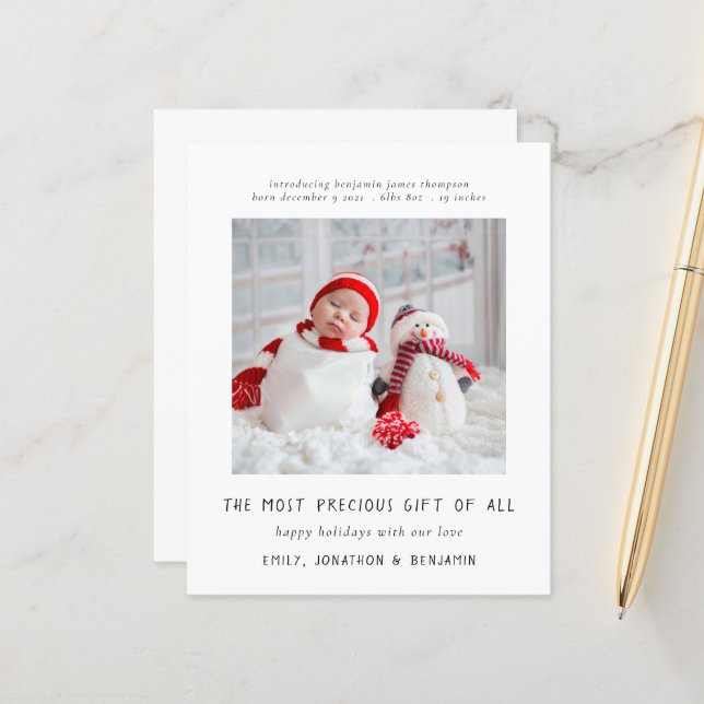 Budget Simple Newborn Photo Birth Christmas Card (Front/Back In Situ)