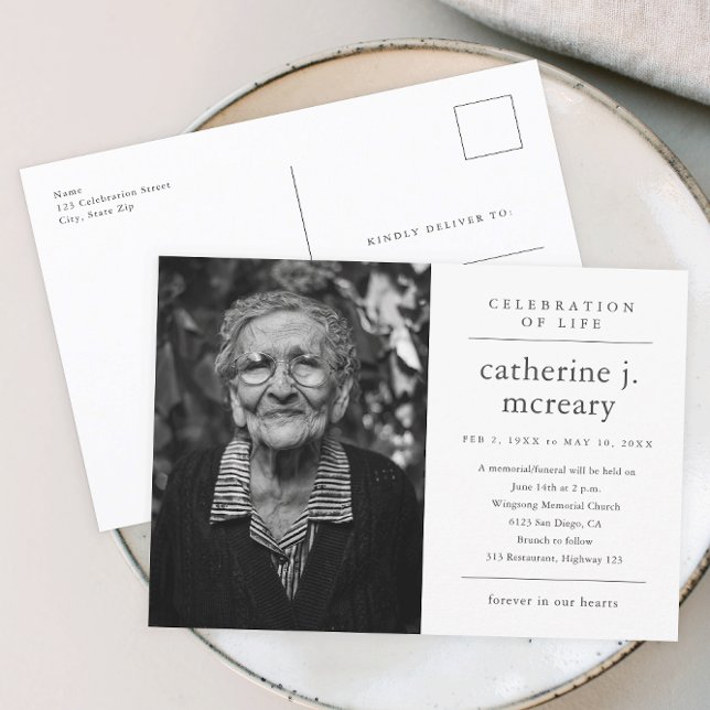 Budget Simple Photo Memorial Funeral Invitation (Simple typography black and white memorial celebration of life invitation postcard.)