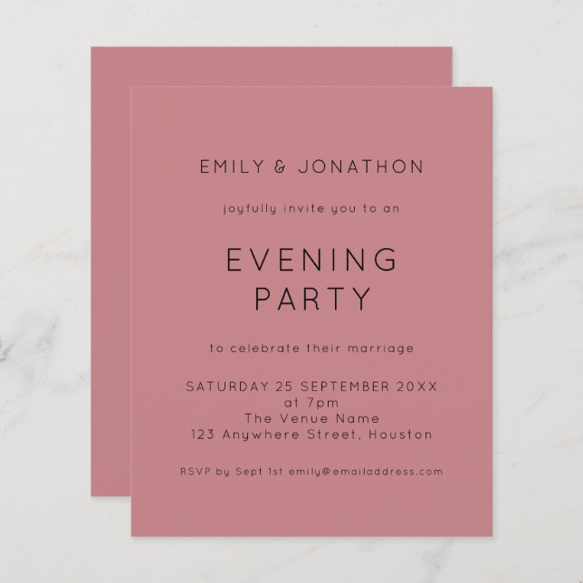 Budget Simple Pink Wedding Evening Party Invite (Front/Back)