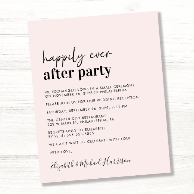Budget Simple Pink Wedding Reception Invitation (A chic and affordable Happily Ever After Party invitation)