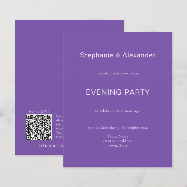 Budget Simple Purple QR Wedding Party Invite (Front/Back)