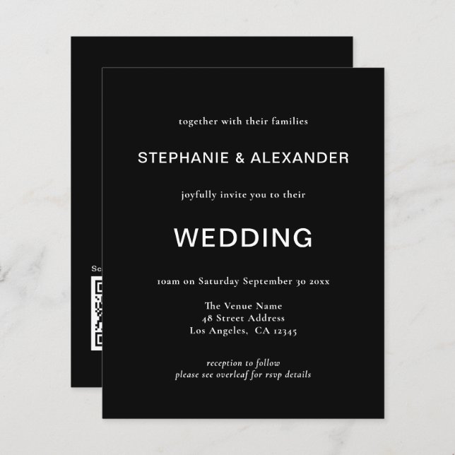 Budget Simple QR Code Black Wedding Invitation (Front/Back)