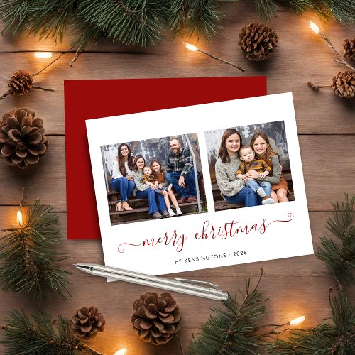 BUDGET Simple Red Script Merry Christmas Photo