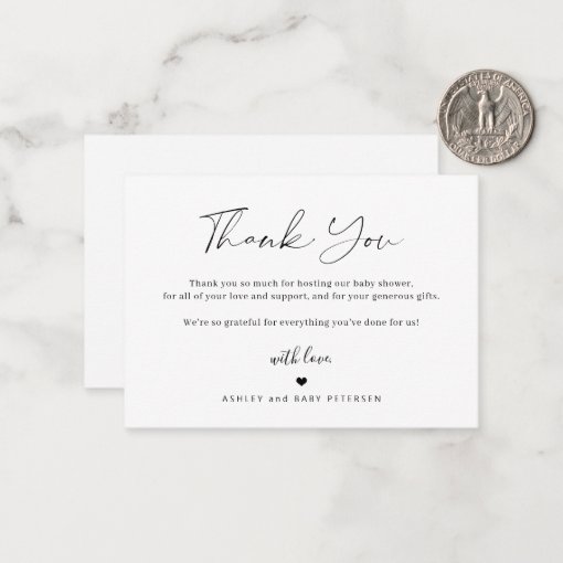 Budget simple script baby shower thank you note card | Zazzle