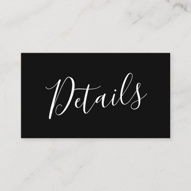 BUDGET Simple Script Black Wedding Details Note Card (Front)
